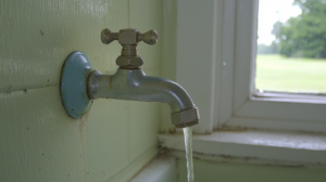 A slightly rusted and leaking water faucet with a slow but steady stream of water, mounted on a light green wall near a window.